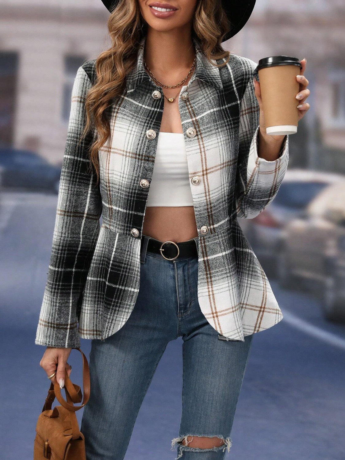 Plaid Button Up Long Sleeve Jacket NicholesGifts