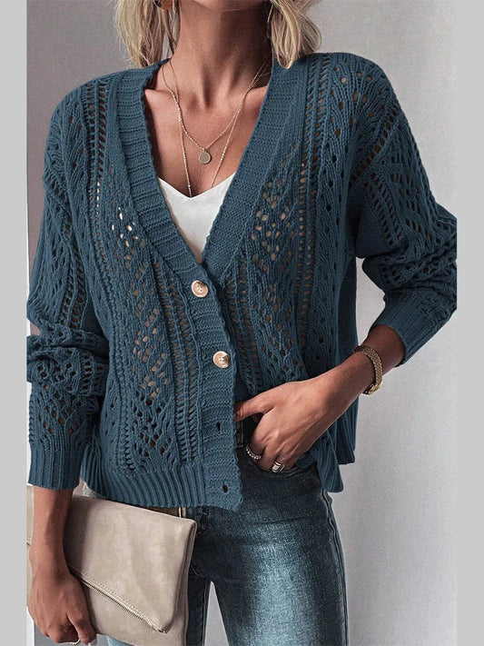 Openwork Button Up Long Sleeve Cardigan NicholesGifts