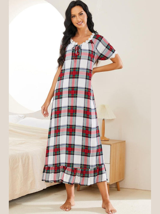 Plaid Lace Trim Ruffle Hem Night Dress nicholesgifts