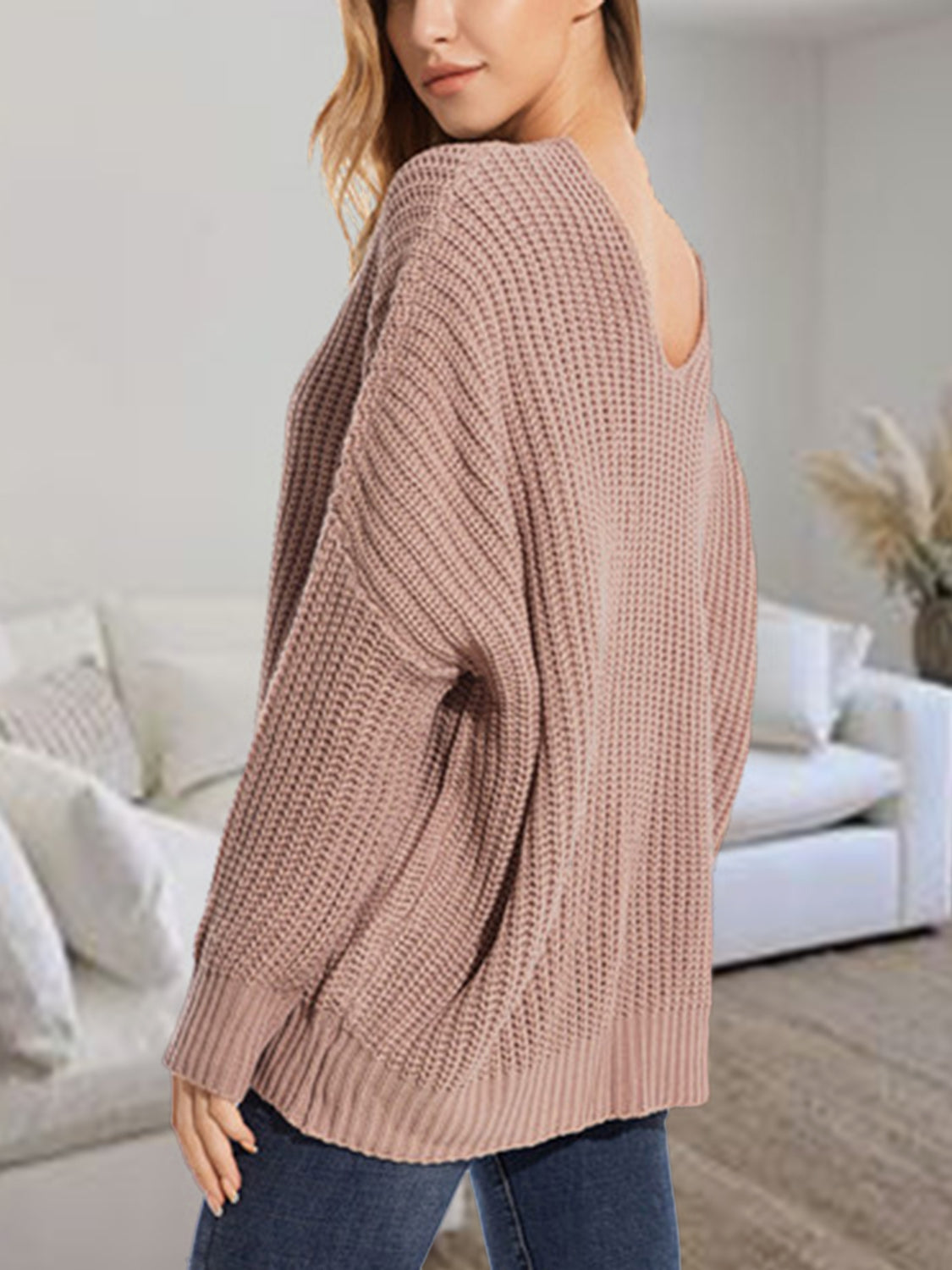 V-Neck Batwing Dropped Shoulder Sweater Trendsi
