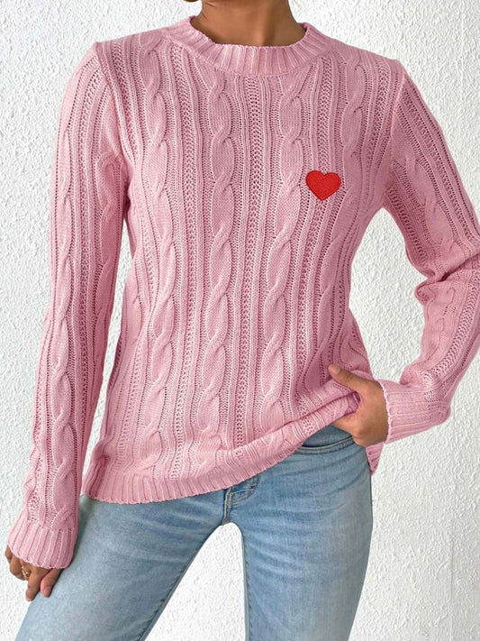 NicholesGifts Women Cable-Knit Heart Round Neck Long Sleeve Sweater