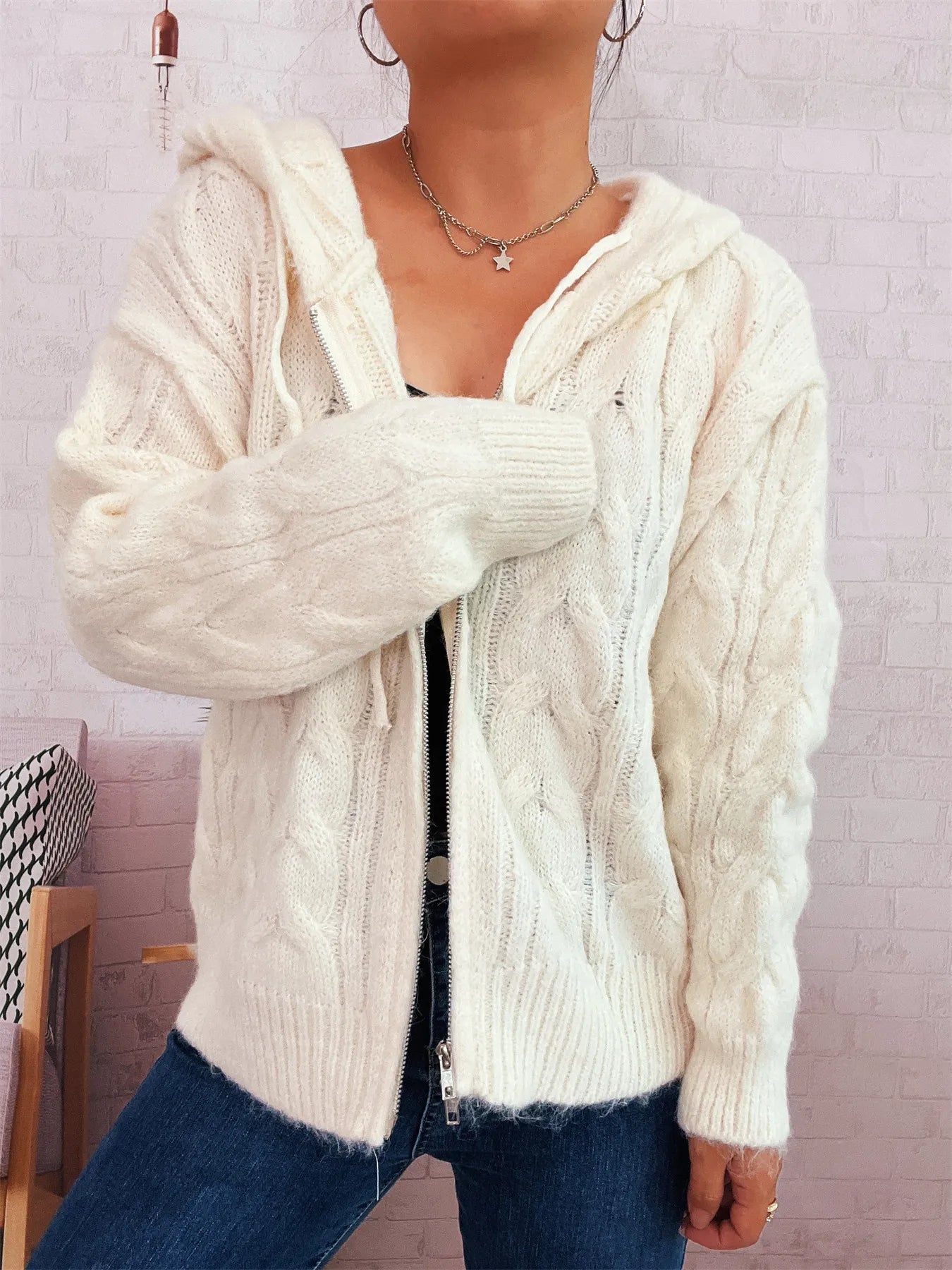 Cable Knit Hooded Zip-Up Cardigan