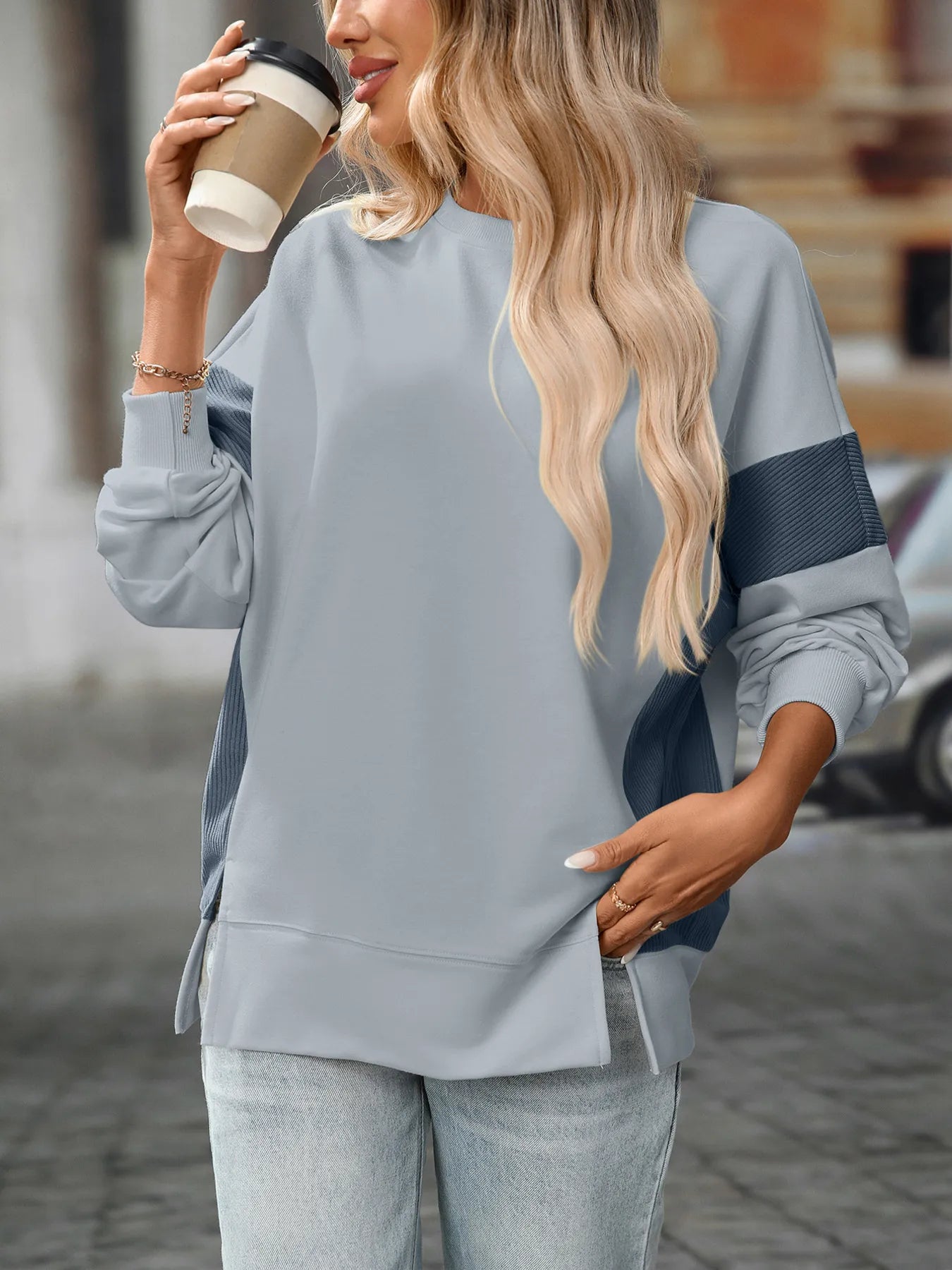Slit Round Neck Long Sleeve Sweatshirt