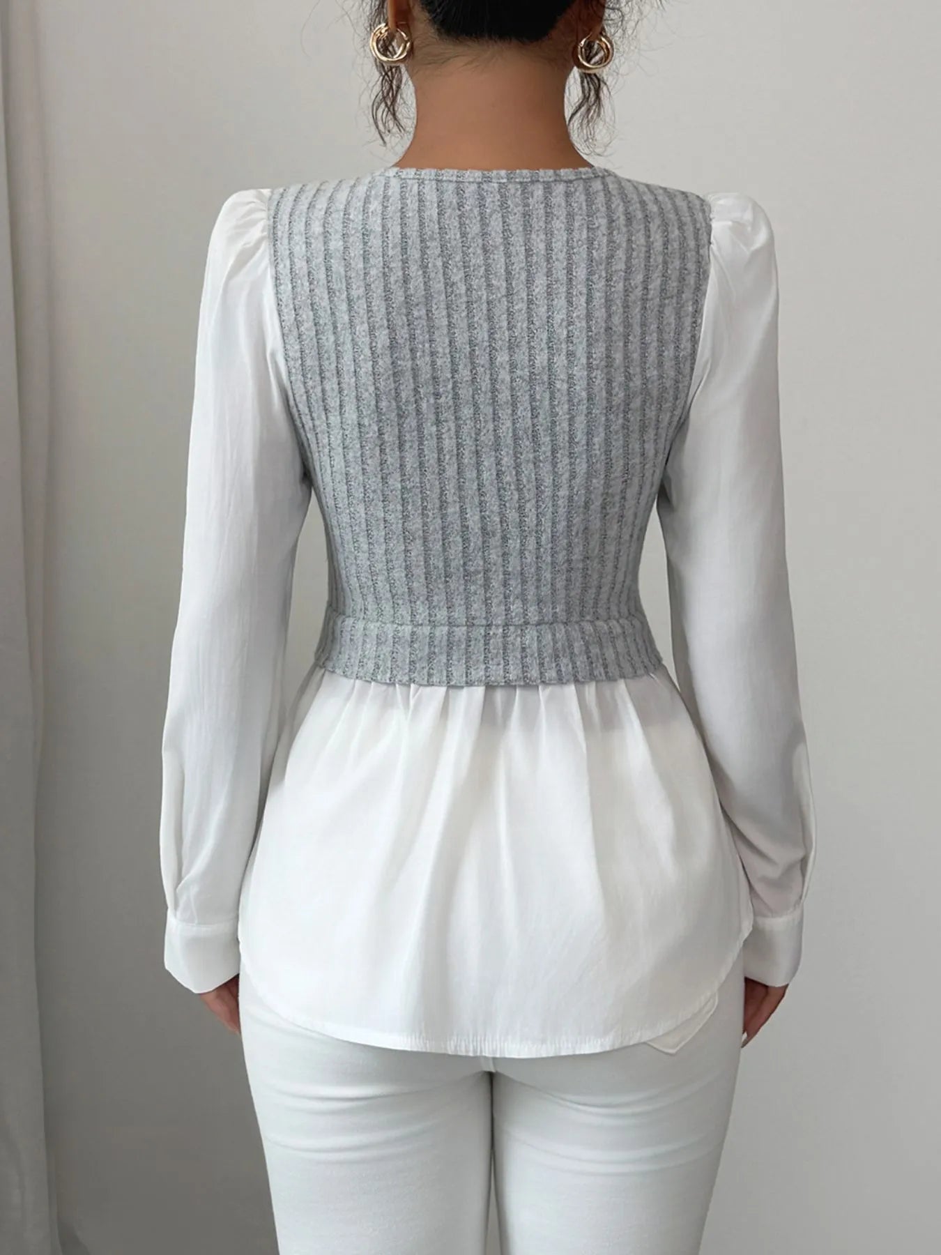 Ribbed Knit Splicing Contrast Long Sleeve Blouse NicholesGifts