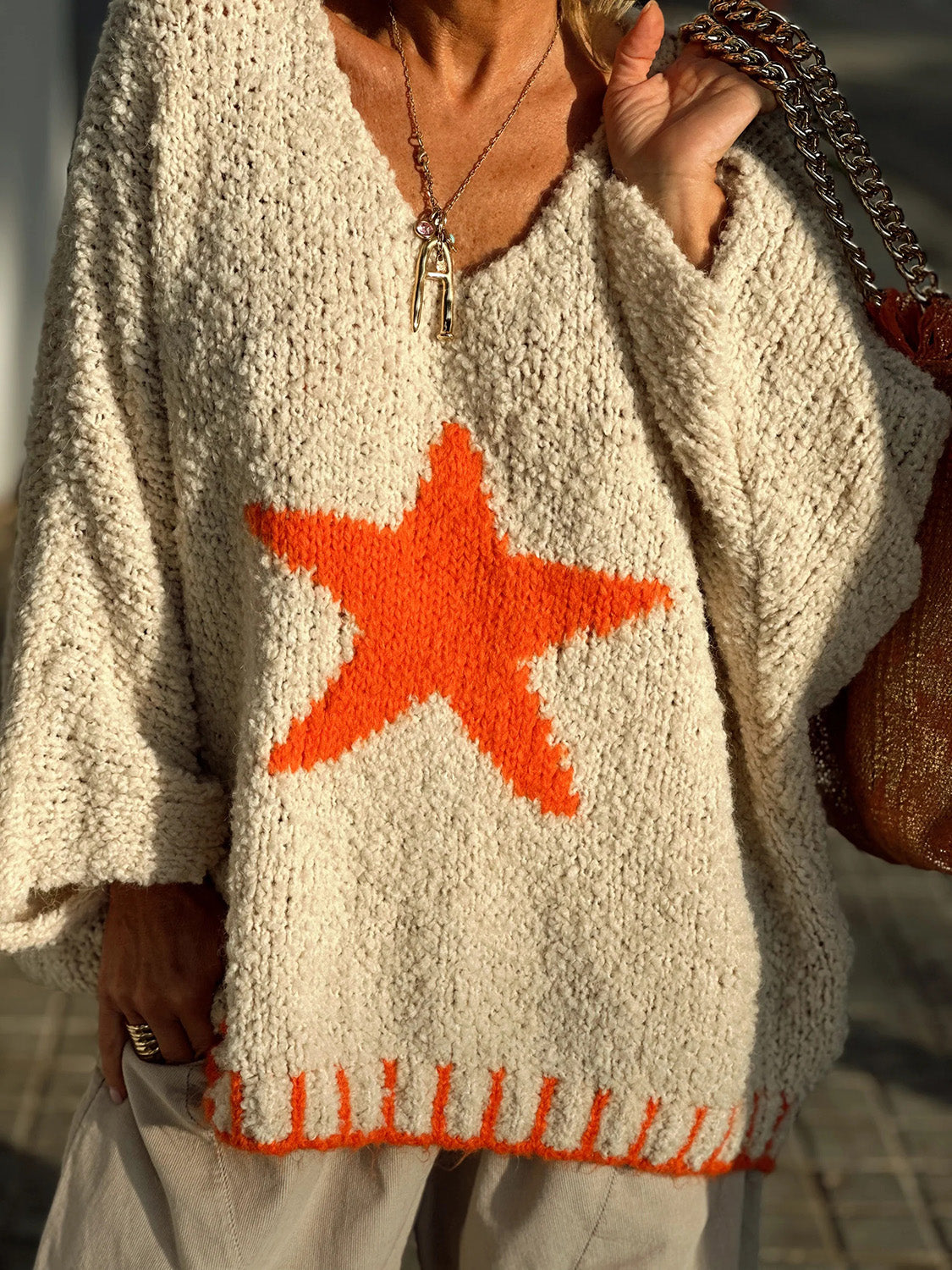 Star V-Neck Long Sleeve Oversize Sweater NicholesGifts