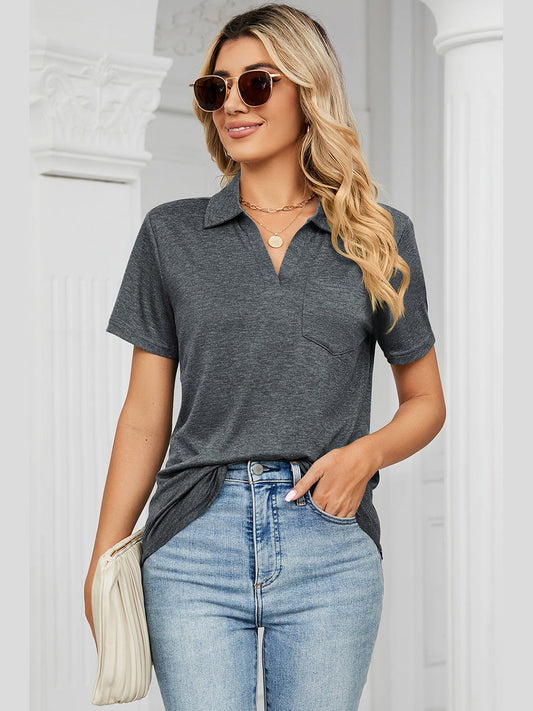 Women Johnny Collar Short Sleeve Blouse