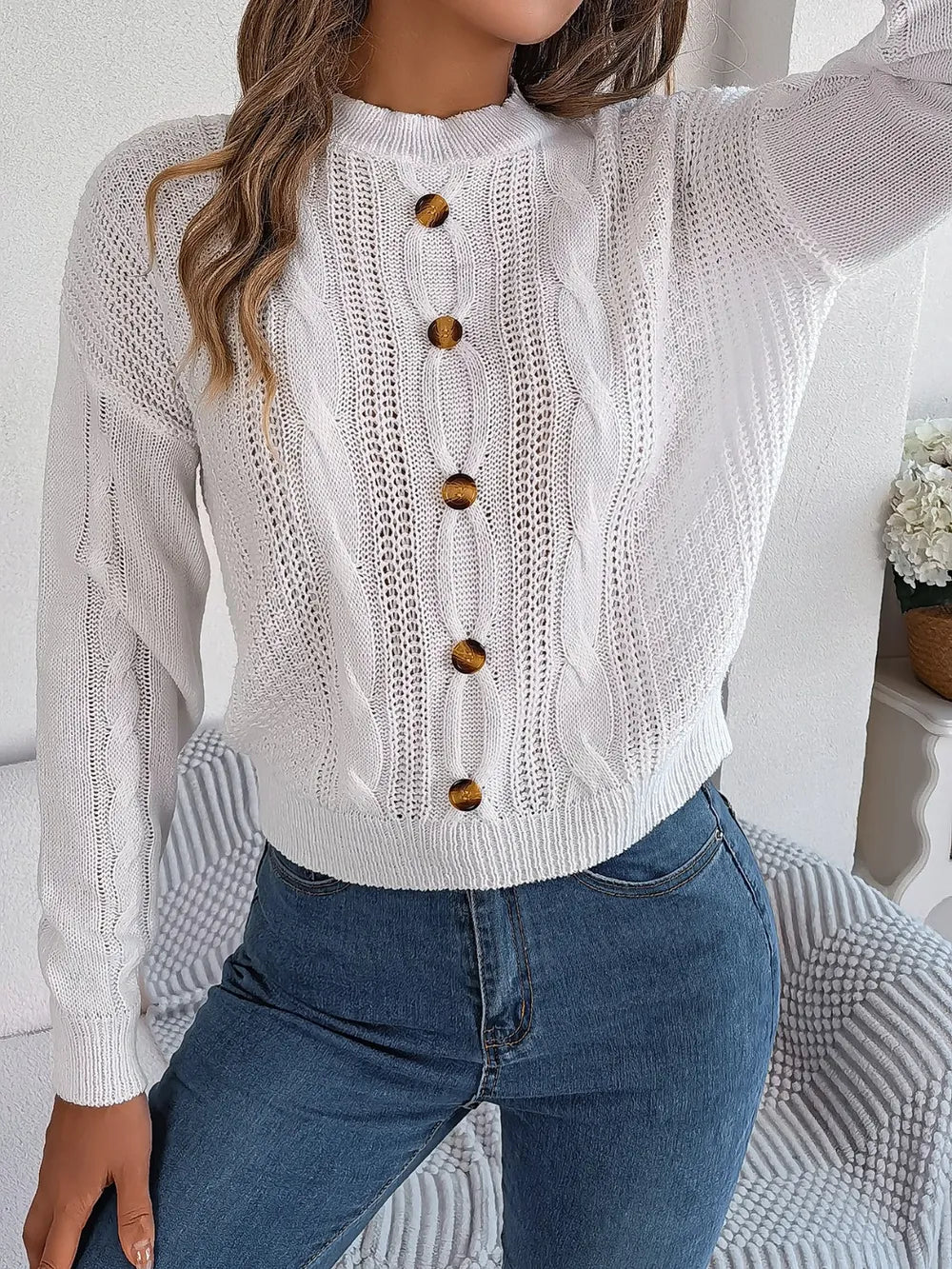 Cable-Knit Buttoned Round Neck Sweater Trendsi