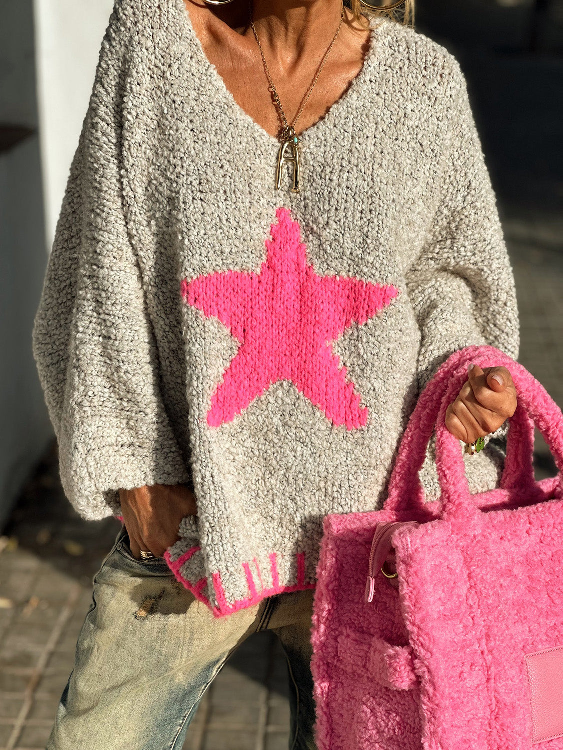 Star V-Neck Long Sleeve Oversize Sweater NicholesGifts