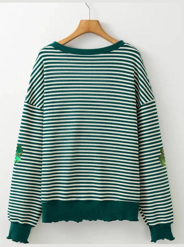Stripe Lucky Clover Drop Shoulder Sweatshirt nicholesgifts