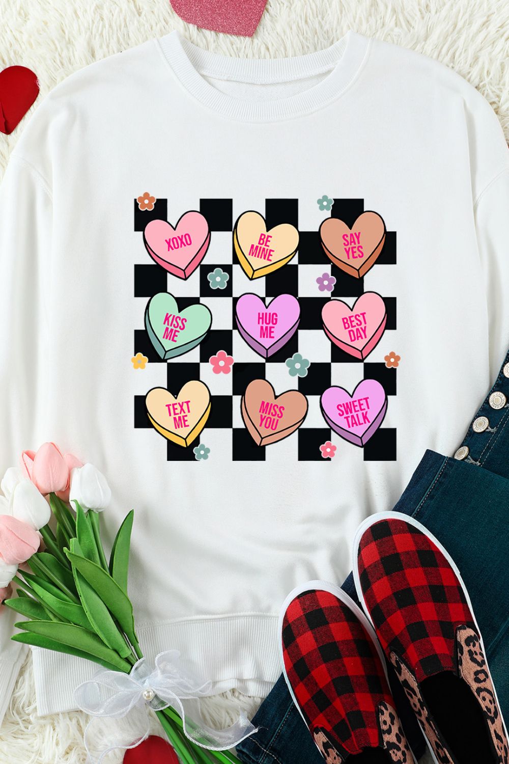 NicholesGifts Women Valentine's Day Checkered Heart Long Sleeve Sweatshirt NicholesGifts