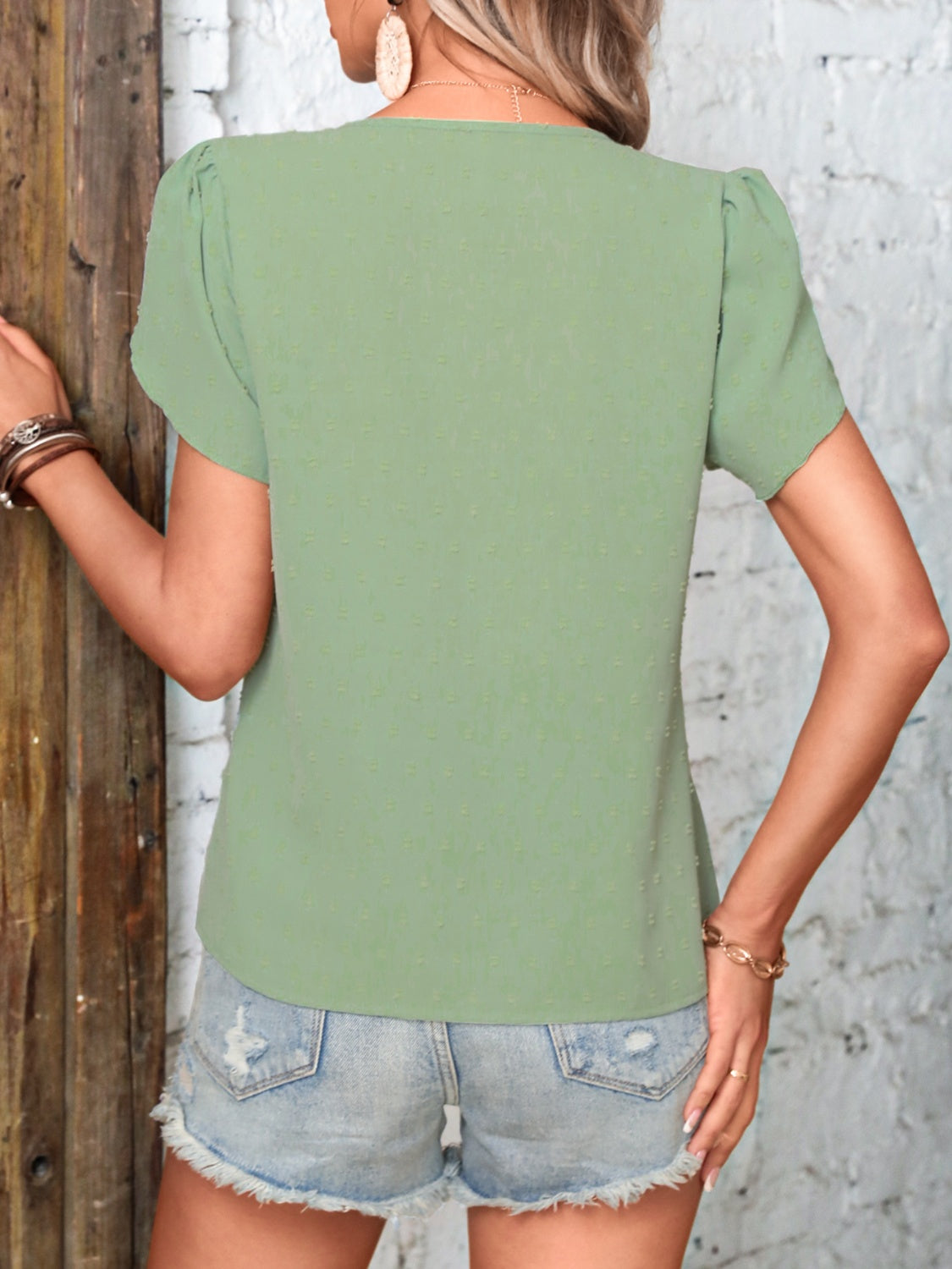 Swiss Dot V-Neck Petal Sleeve Blouse NicholesGifts