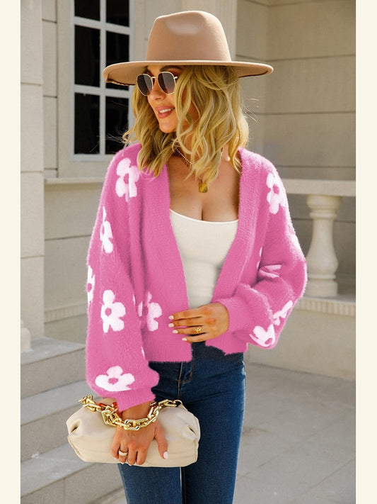 Women Floral Open Front Fuzzy Cardigan