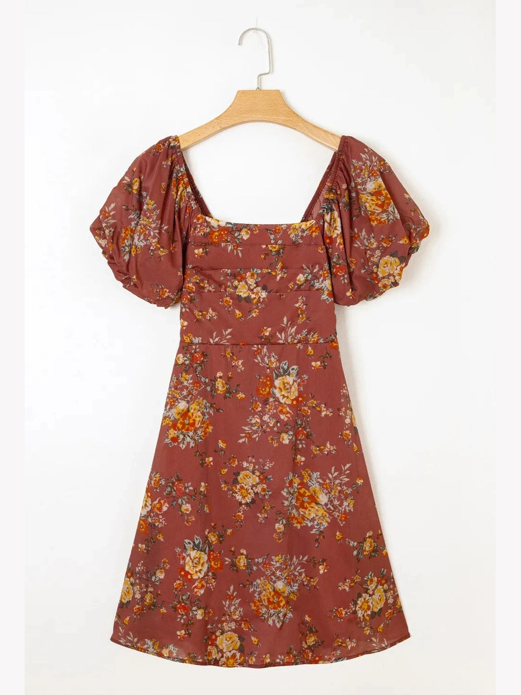 Floral Puff Sleeve Square Neck Knot Open Back Mini Dress NicholesGifts