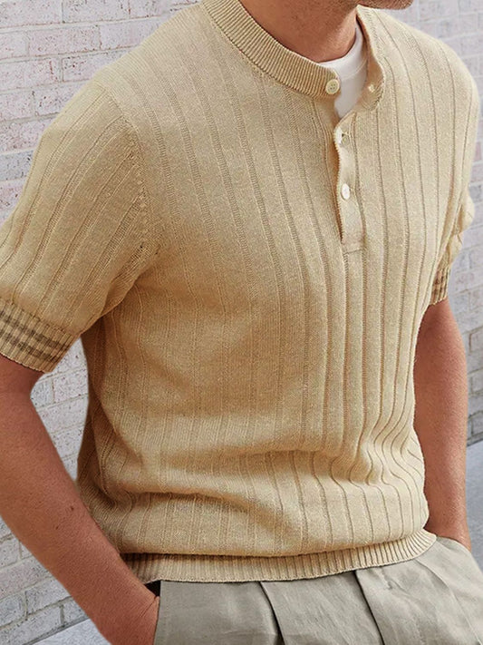 Men's Plus Size Ribbed Quarter Button Round Neck Striped Trim Polo NicholesGifts