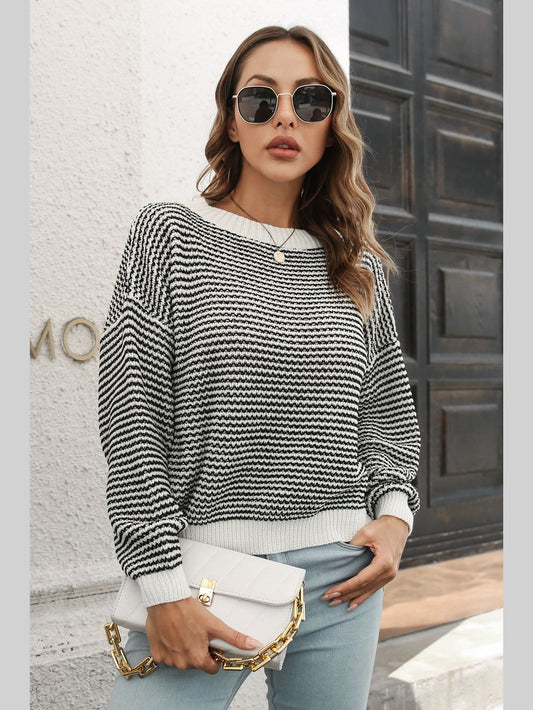 Striped Round Neck Dropped Shoulder Sweater nicholesgifts