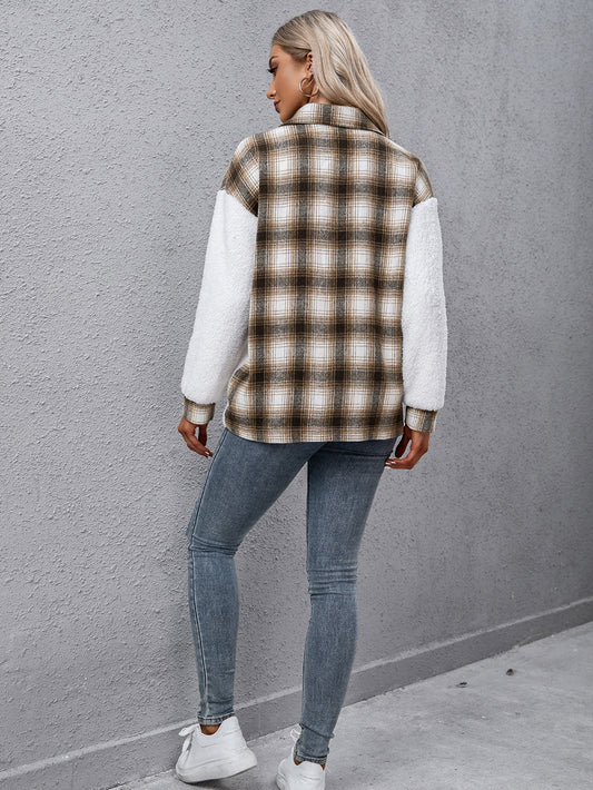 Ivy Lane Plaid Collared Neck Button Down Jacket nicholesgifts