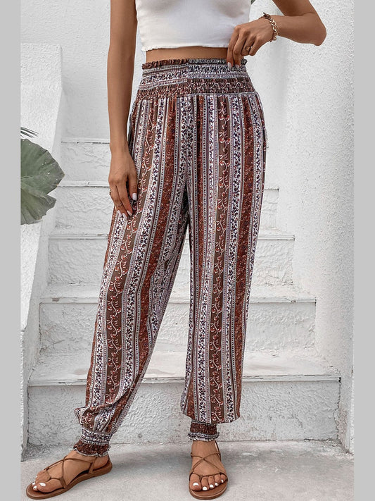Women Smocked Printed High Waist Multicolor Pants