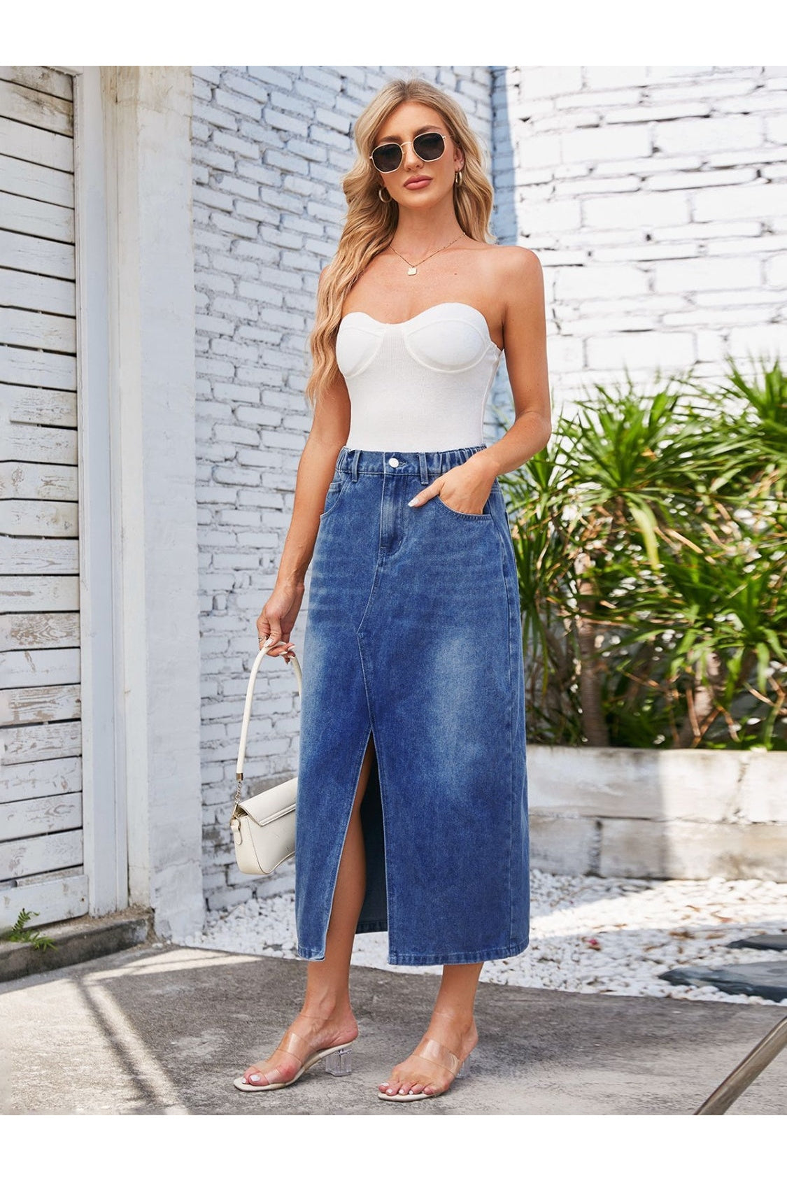 Women Slit Midi Denim Skirt with Pockets