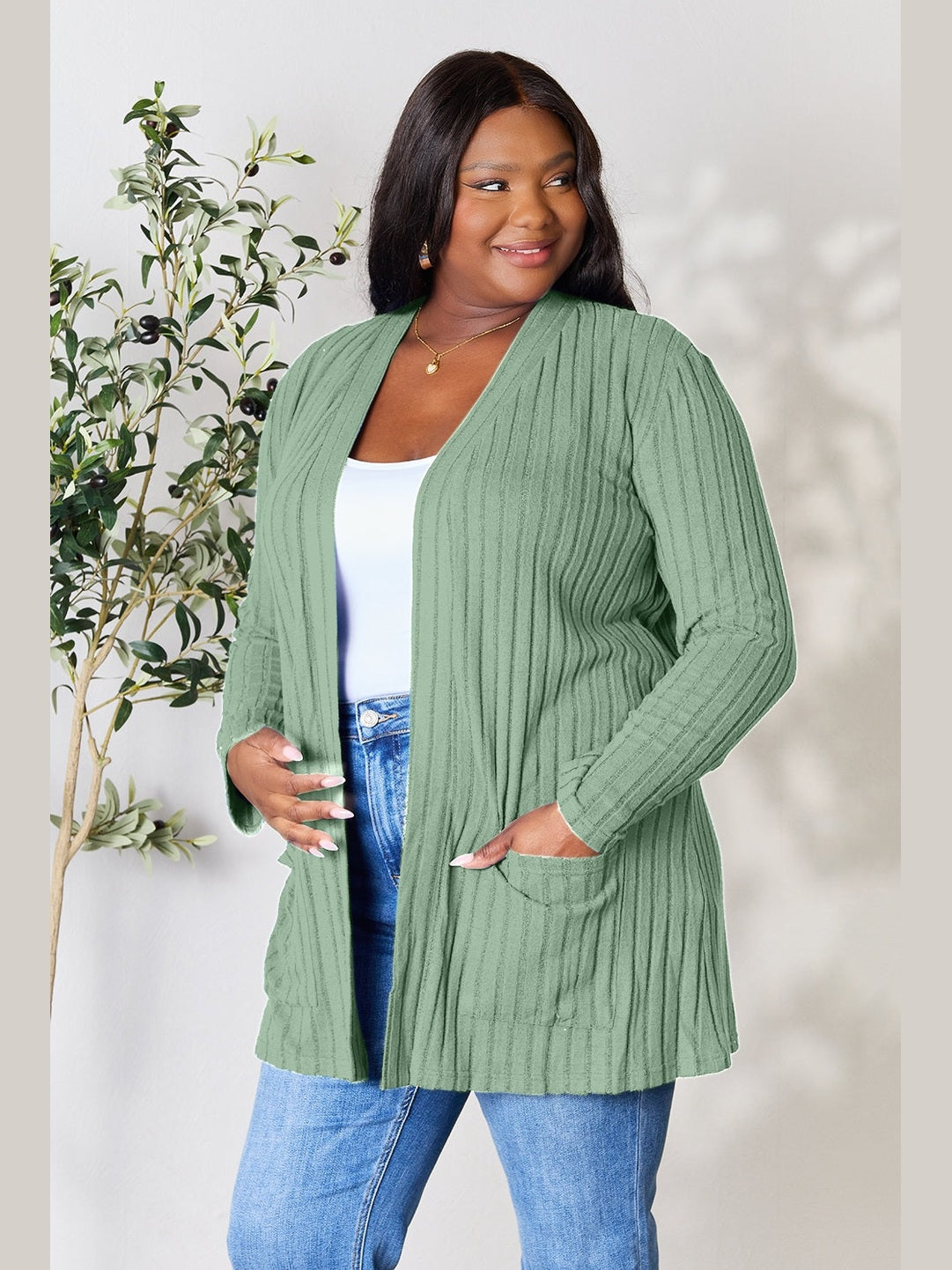 NicholesGifts Women Basic Bae Full Size Ribbed Open Front Cardigan with Pockets NicholesGifts