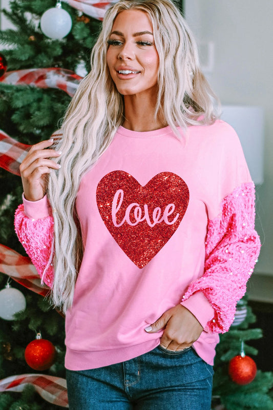 Women Love Heart Sequin Dropped Shoulder Valentines Day Sweatshirt