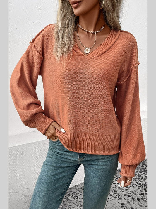 Perfee V-Neck Exposed Seam Sweater nicholesgifts