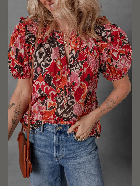 Ethnic Print Split Neck Short Puff Sleeve Blouse NicholesGifts