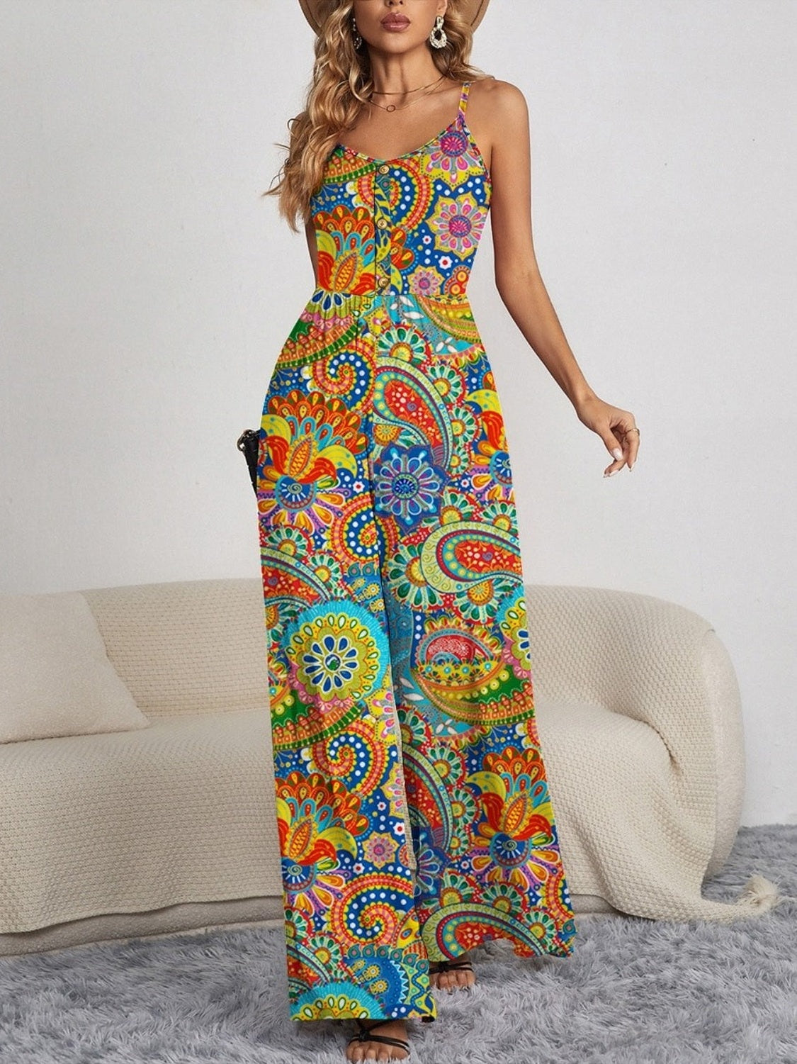Decorative Button Spaghetti Strap Wide Leg Jumpsuit nicholesgifts
