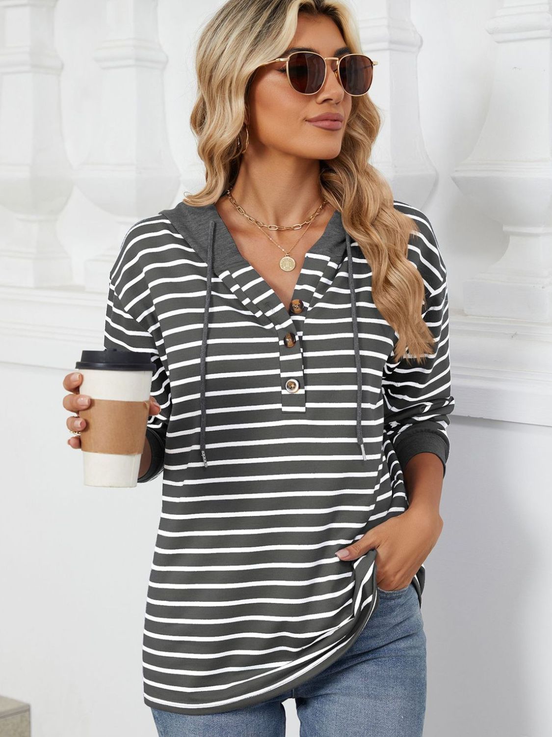 NicholesGifts Women Drawstring Striped Long Sleeve Hoodie NicholesGifts