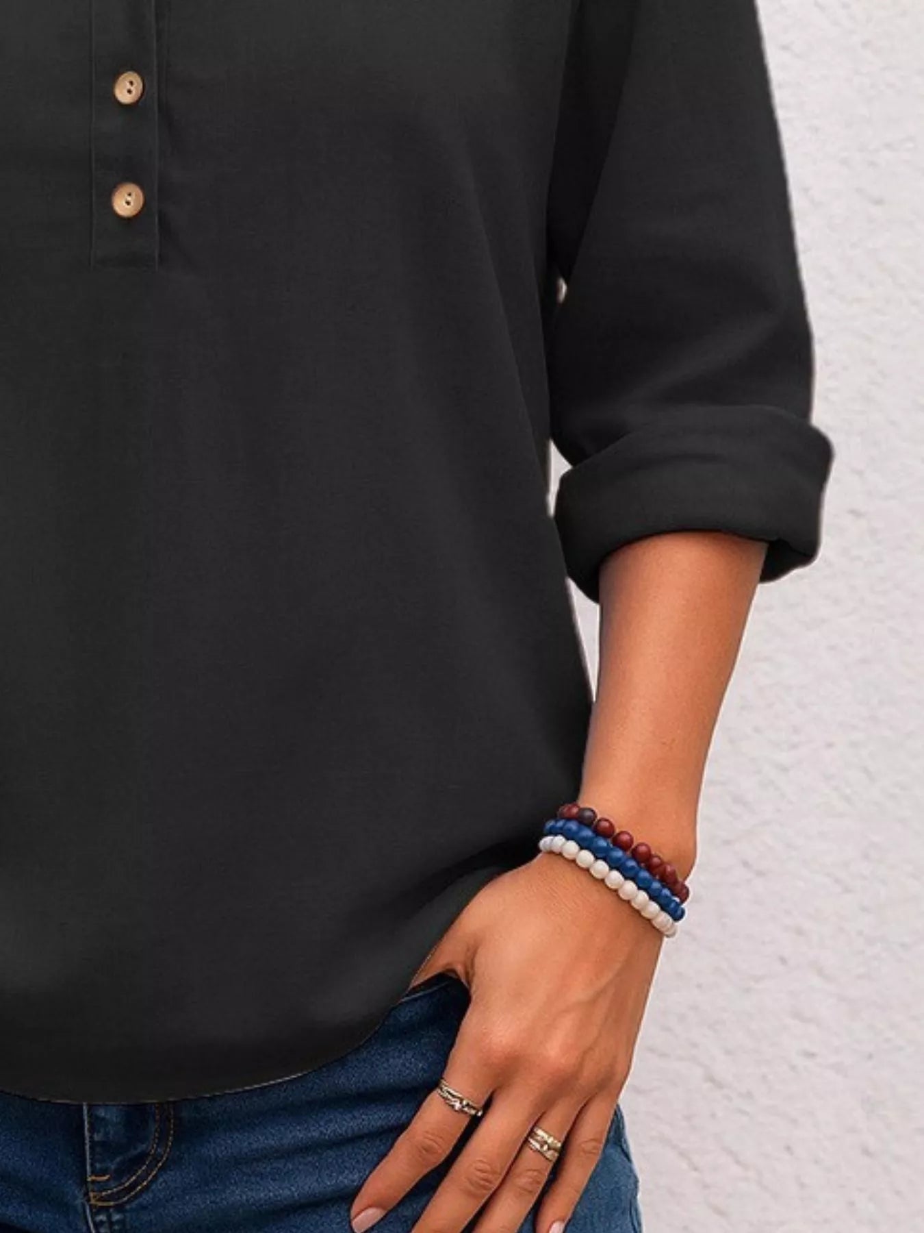 Full Size Button Detail Notched Long Sleeve Blouse Plus Size Trendsi