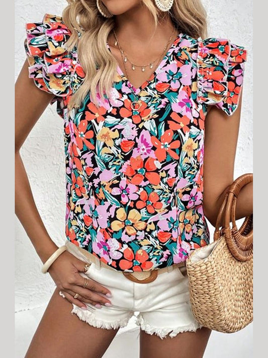 Women Ruffled Printed V-Neck Cap Sleeve Blouse