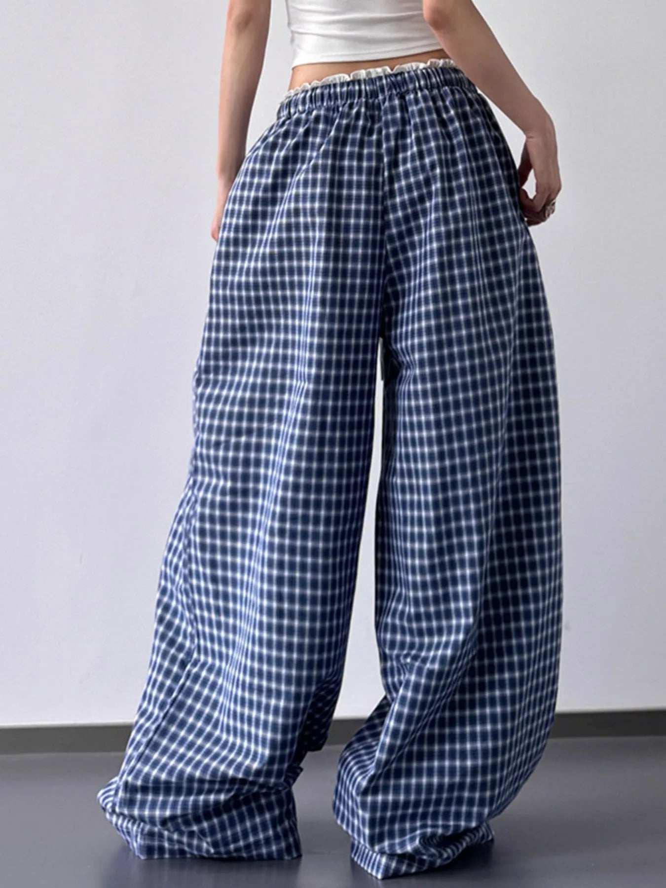 Drawstring Plaid Wide Leg Pants Trendsi