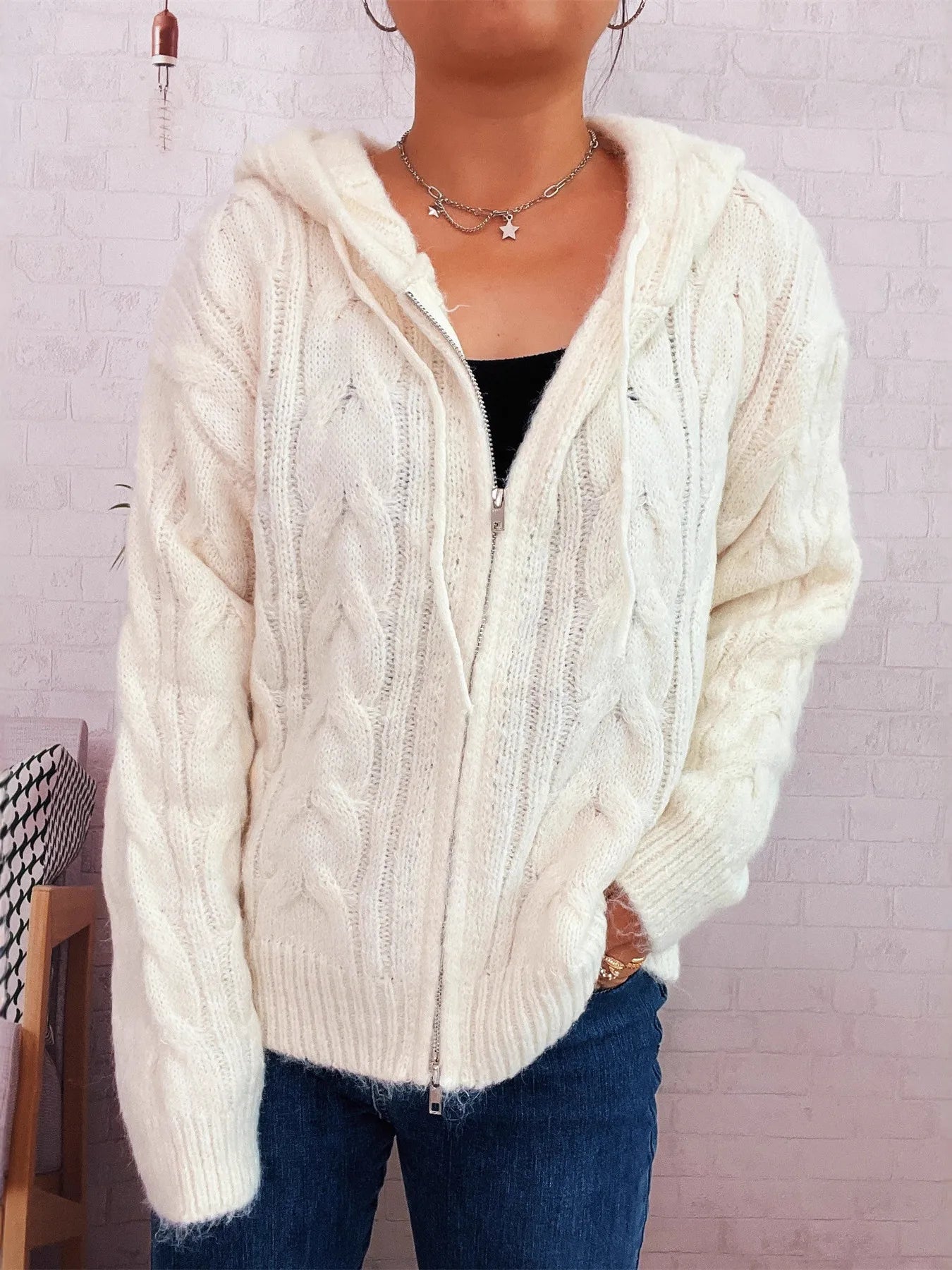 Cable Knit Hooded Zip-Up Cardigan