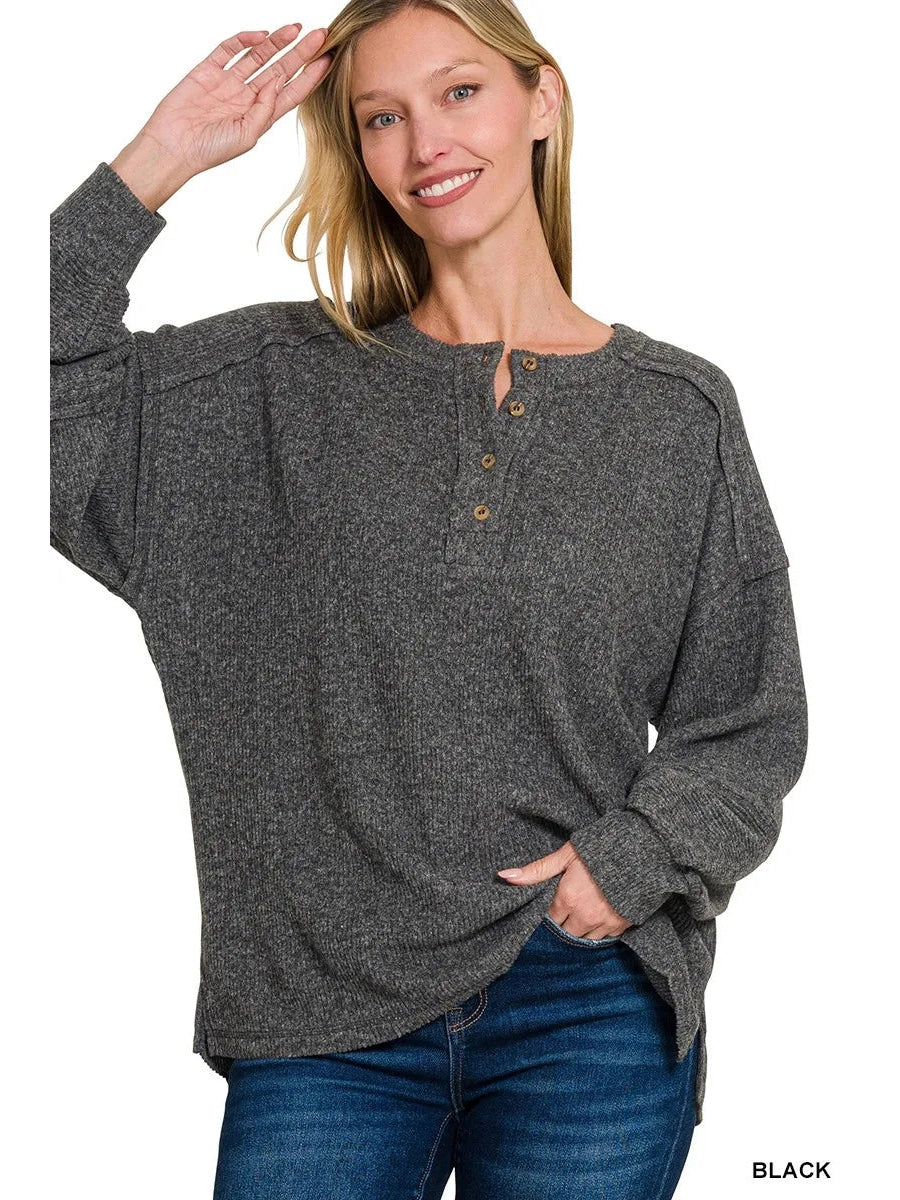 Zenana Full Size Ribbed Brushed Hacci Melange Henley Sweater Plus Size Trendsi