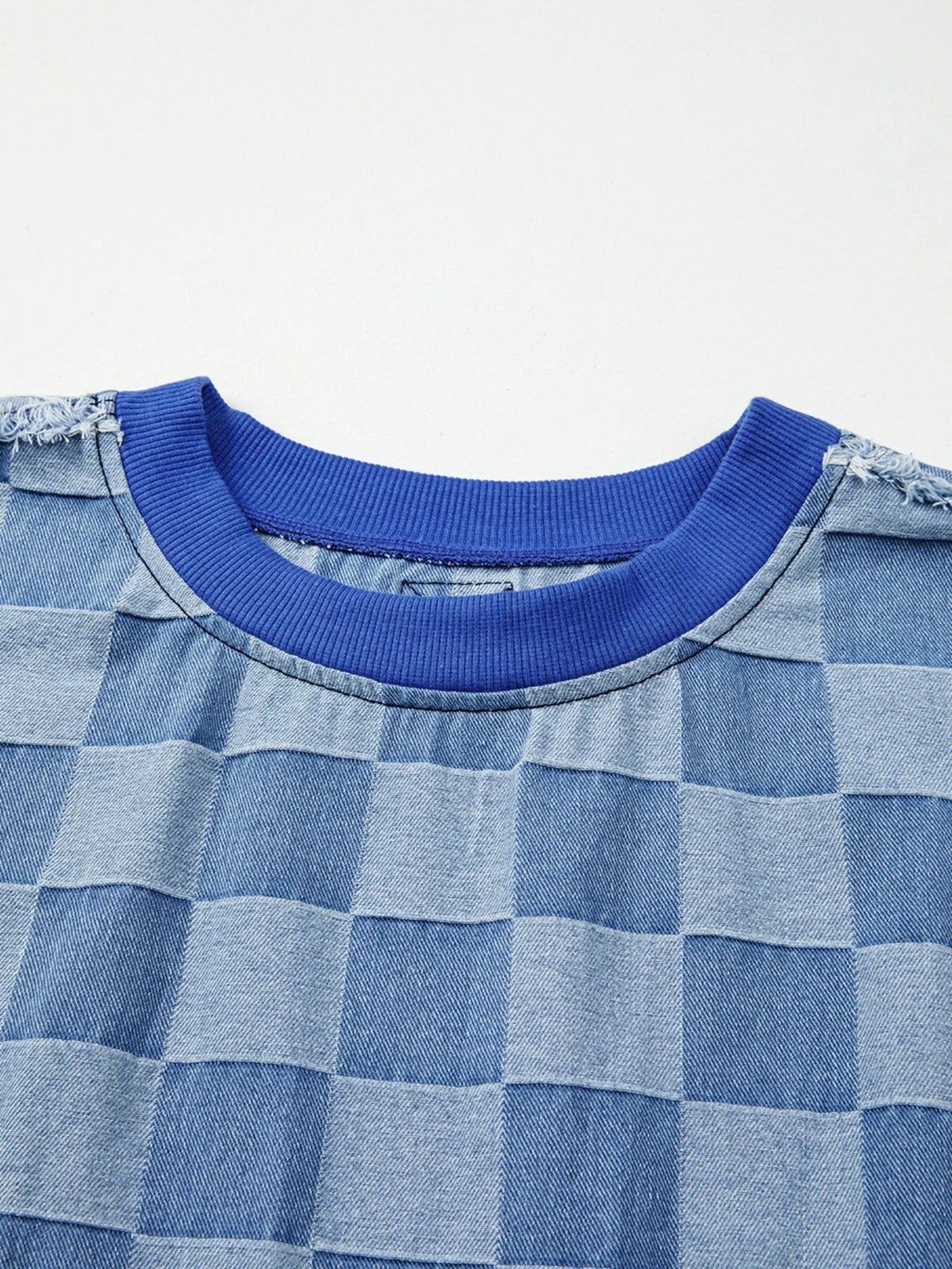Checkerboard Splicing Raw Detail Oversized Denim Top Trendsi