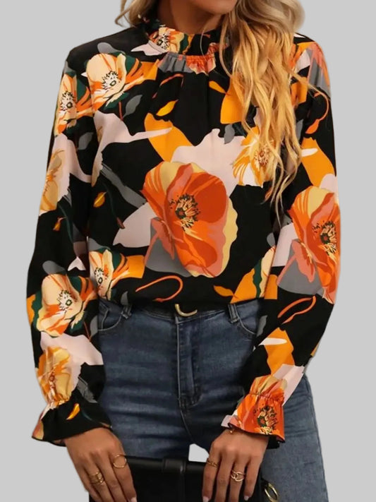 Floral Mock Neck Flounce Sleeve Blouse nicholesgifts