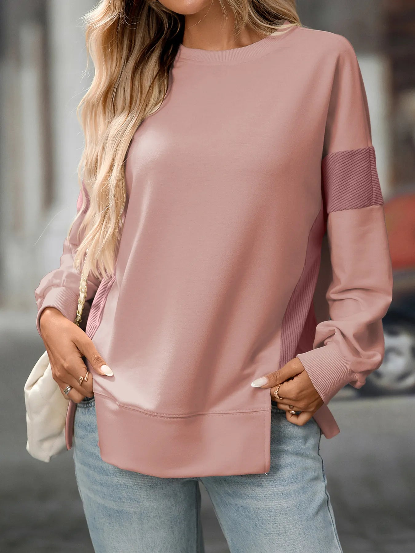 Slit Round Neck Long Sleeve Sweatshirt