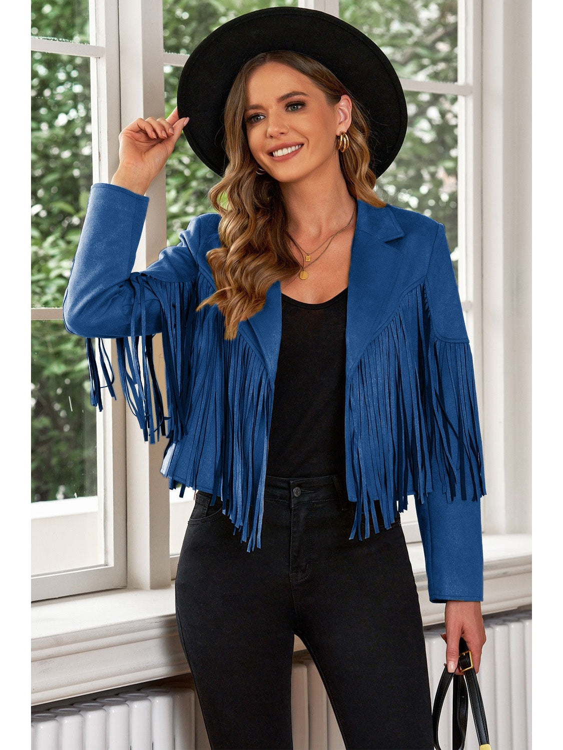 Fringe Trim Lapel Collar Cropped Blazer NicholesGifts