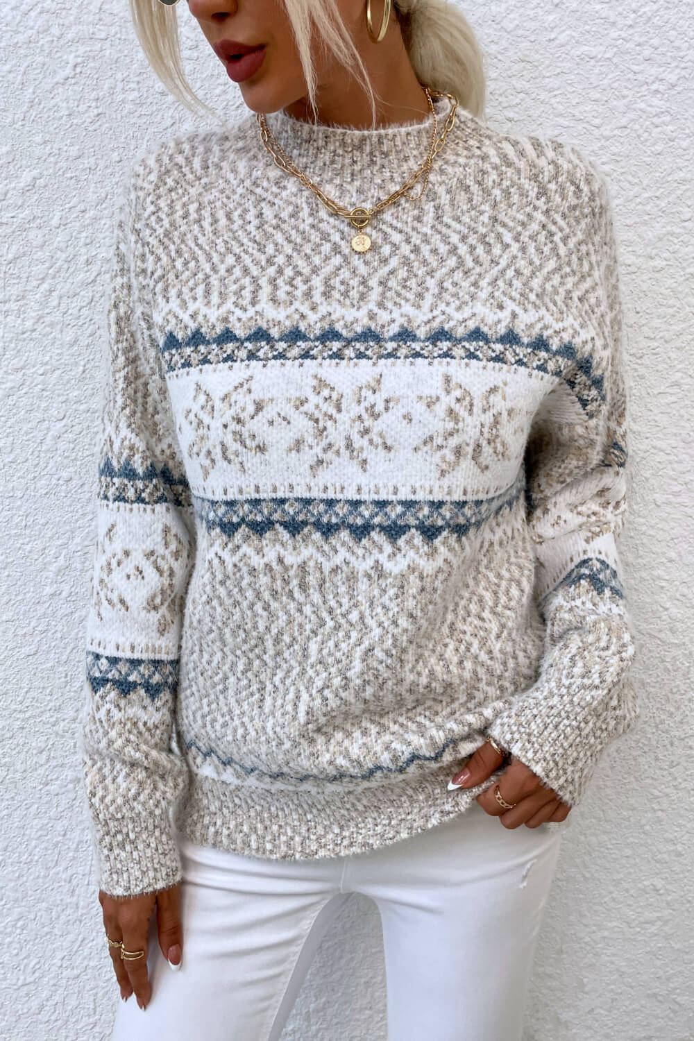 NicholesGifts Women Snowflake Pattern Mock Neck Sweater NicholesGifts
