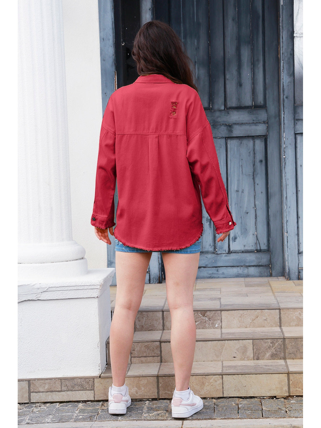 NicholesGifts Women Distressed Button Up Raw Hem Denim Jacket NicholesGifts