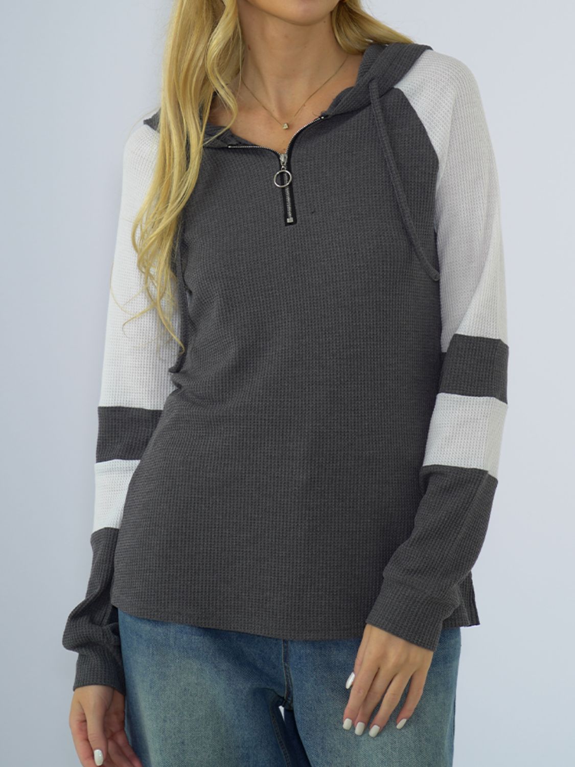 NicholesGifts Women Shiny Waffle-Knit Raglan Sleeve Zipper Front Hoodie NicholesGifts