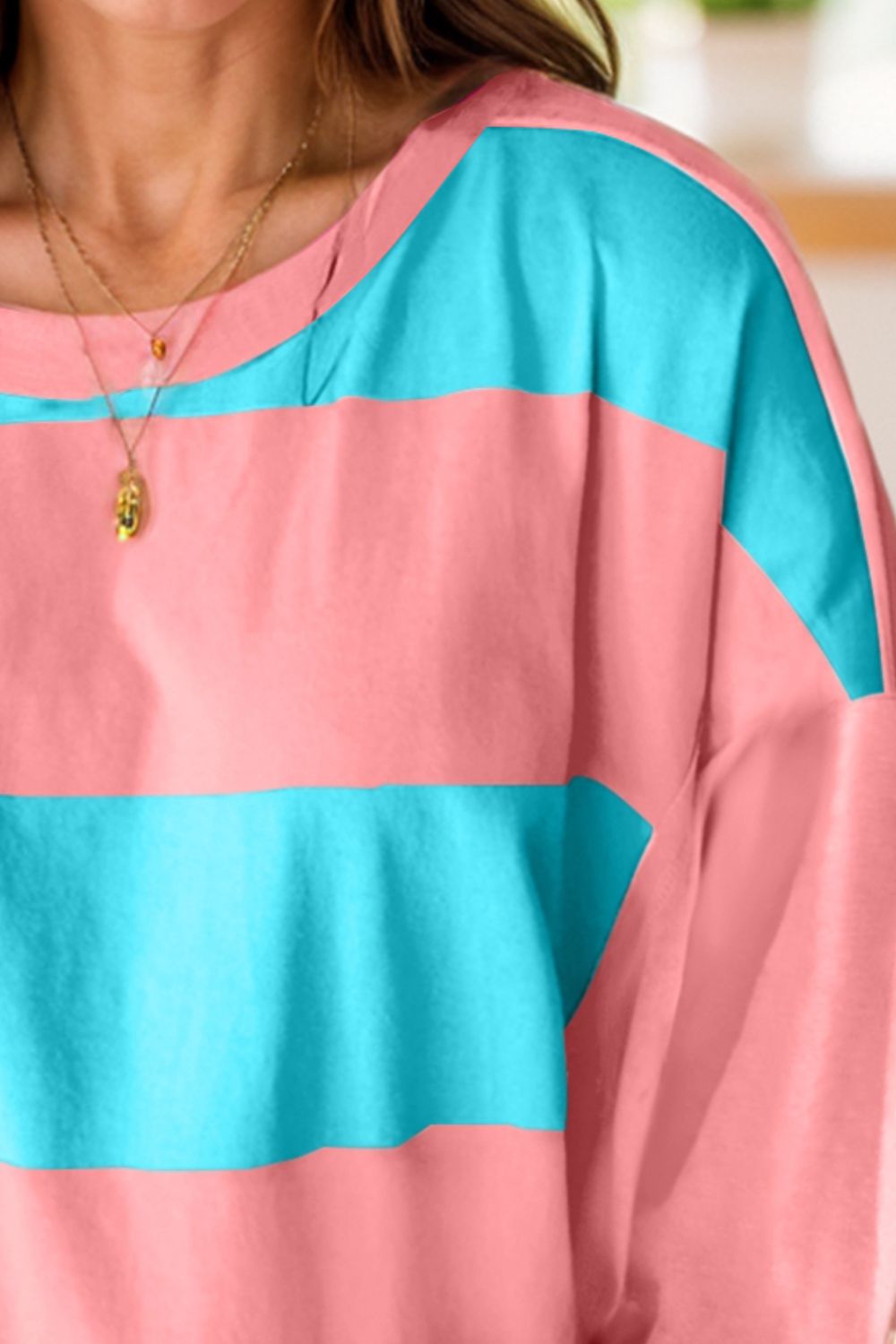 Women Pink Color Block Round Neck Long Sleeve Top NicholesGifts