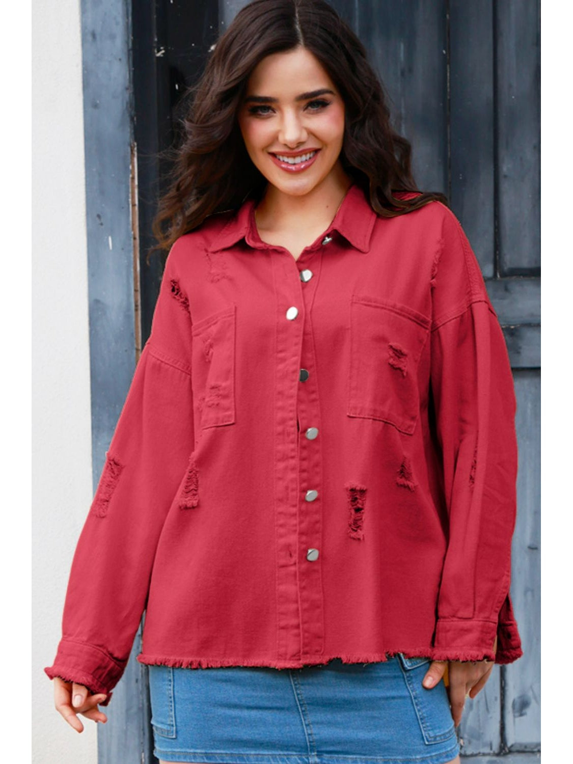 NicholesGifts Women Distressed Button Up Raw Hem Denim Jacket NicholesGifts
