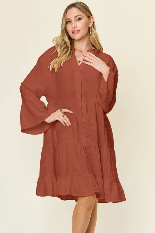 Double Take Full Size Texture Button Up Ruffle Hem Dress Trendsi