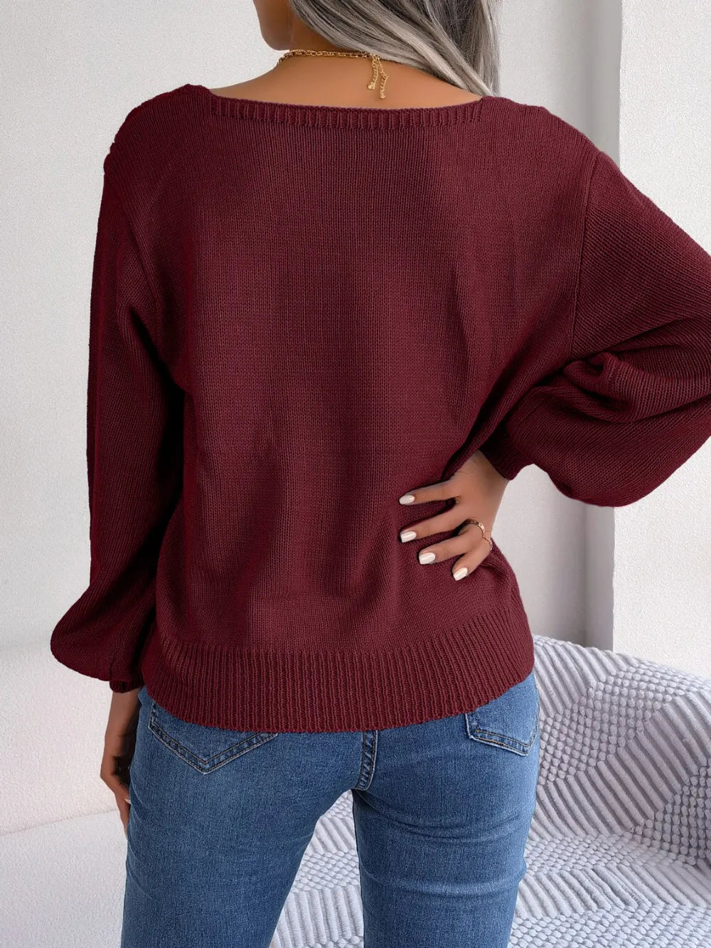 Cable-Knit Square Neck Long Sleeve Sweater Trendsi