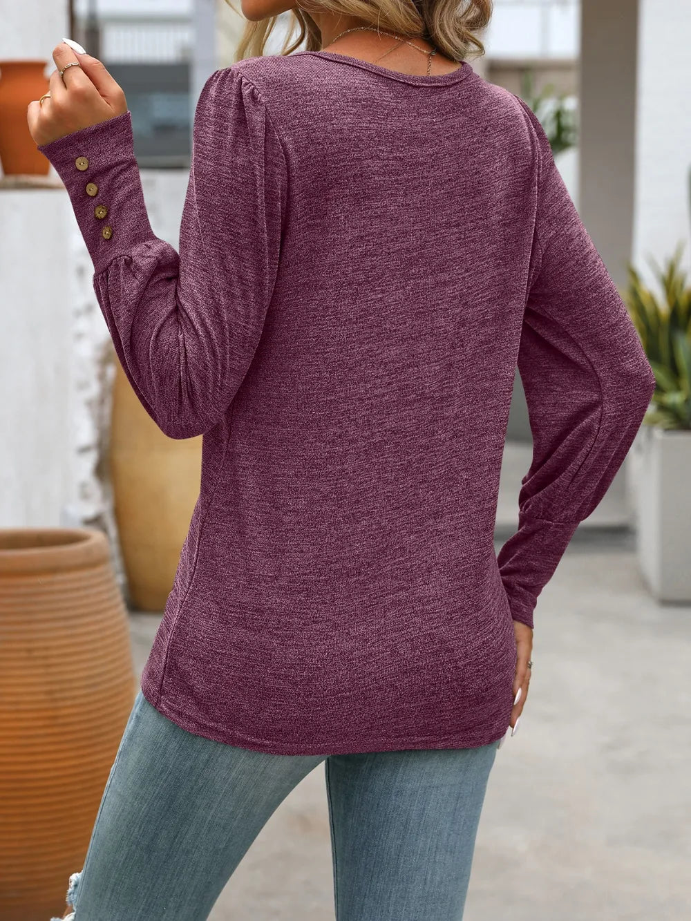 Women Decorative Button Round Neck Long Sleeve T-Shirt nicholesgifts