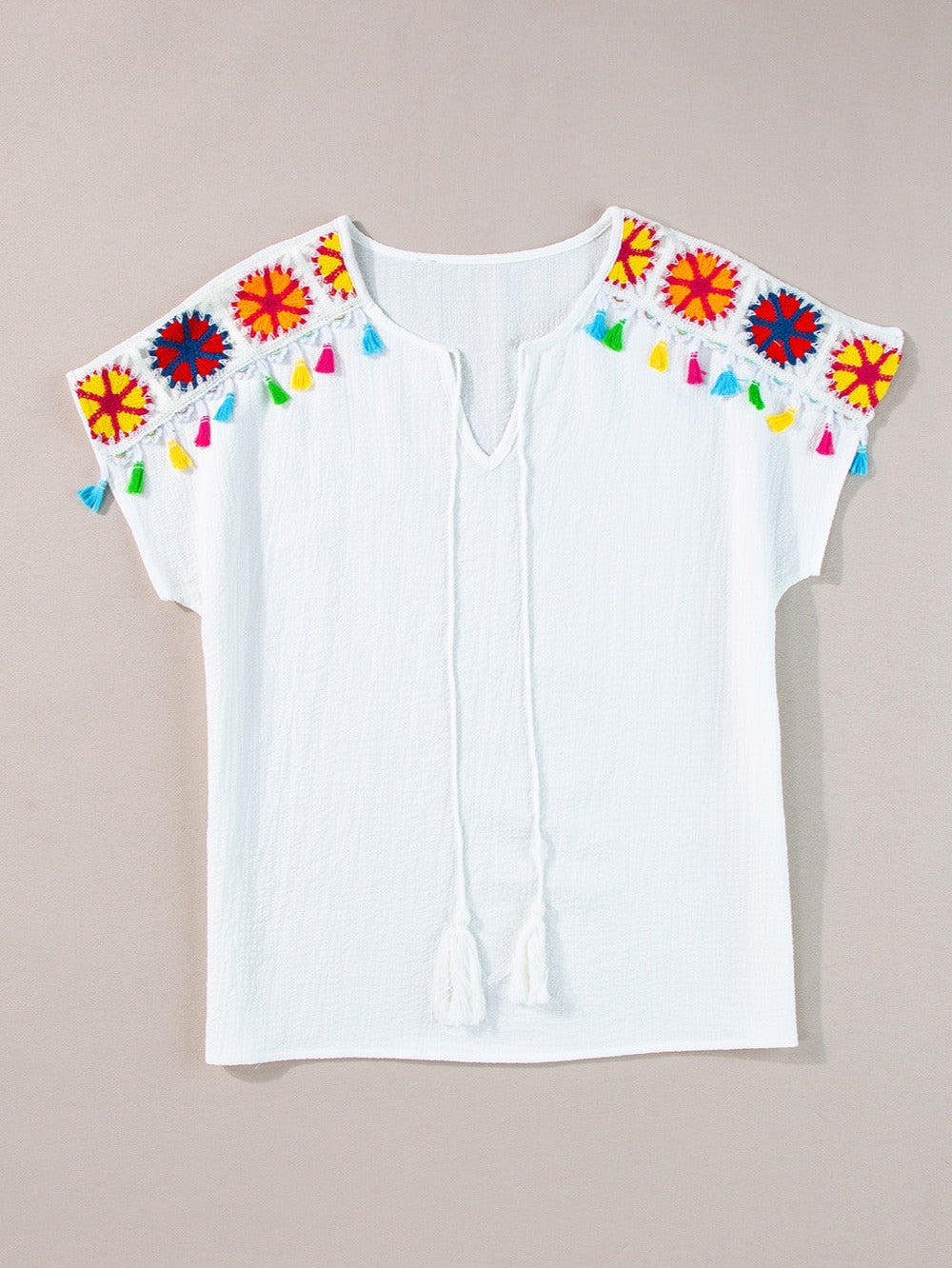 Women Tassel Tie Neck Short Sleeve White Blouse NicholesGifts