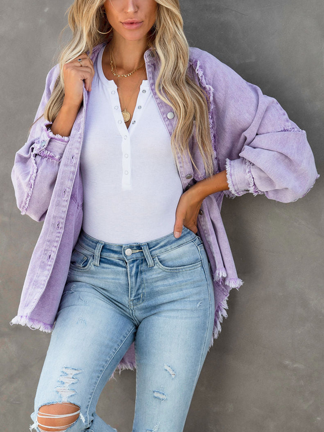 NicholesGifts Women Button Down Raw Hem Denim Jacket NicholesGifts