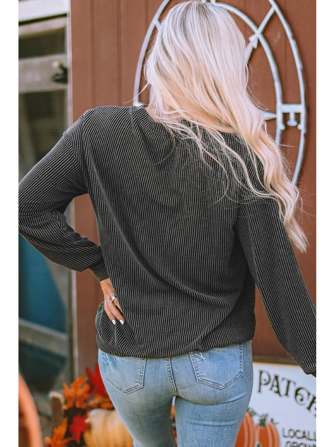 Ribbed Round Neck Long Sleeve Graphic Sweatshirt NicholesGifts