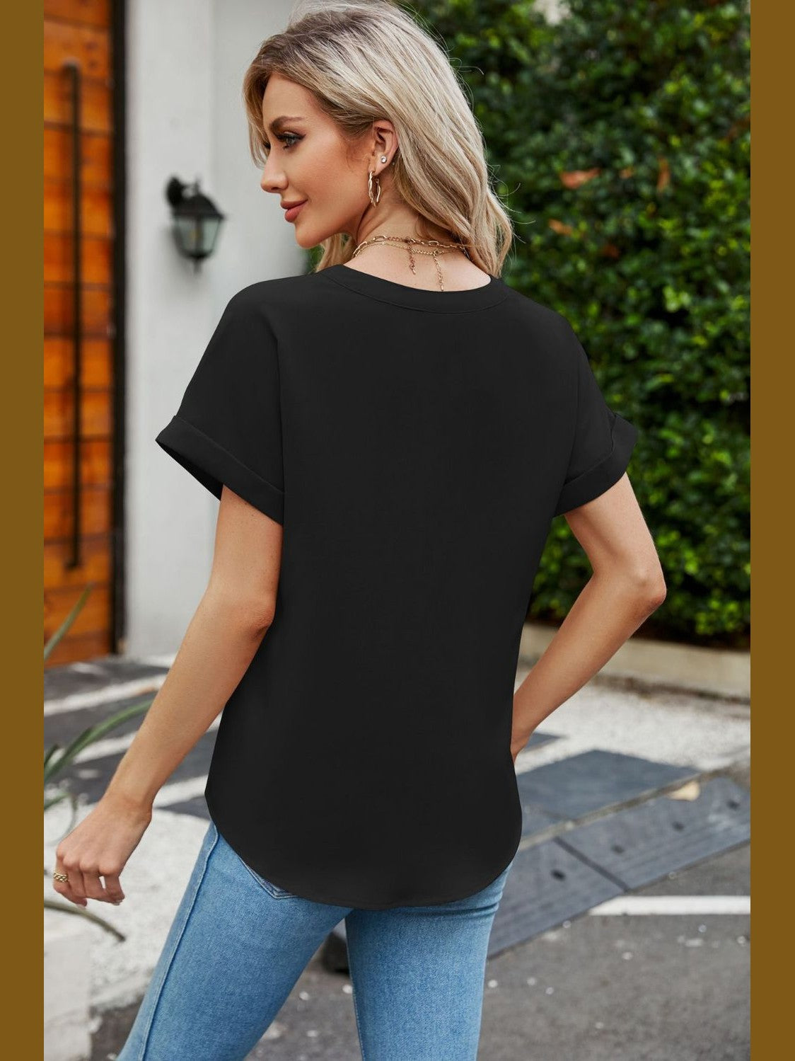 Notched Neck Cuffed Sleeve Shirt NicholesGifts