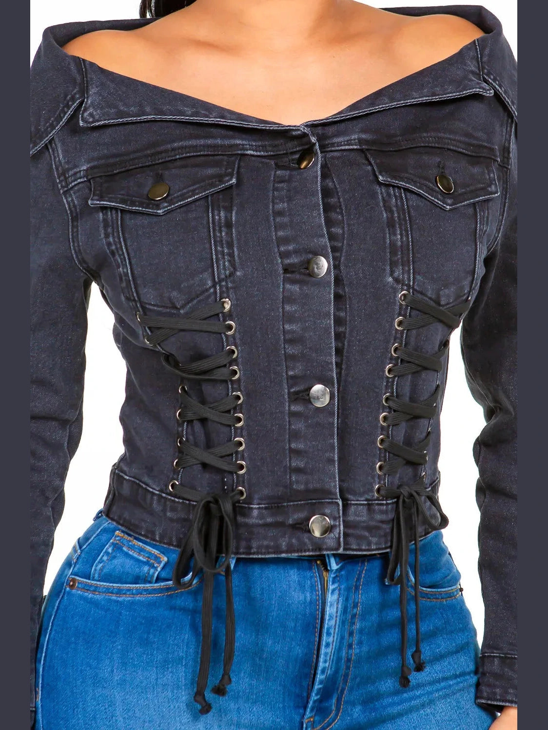 American Bazi Off Shoulder Lace Up Denim Jacket nicholesgifts